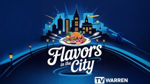 flavors in the city logo. an illustration of a plate of food with a cityscape behind it. tv warren logo in the right corner.